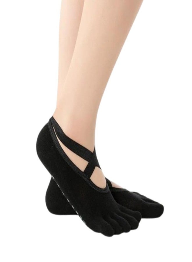 Judee Non-Slip Yoga Socks with grips, Anti Bacterial Anti-Skid Yoga Pilates Dance Ballet Cotton Walking & Bikram Fitness Socks Open Toe Socks (Black) - Image 1