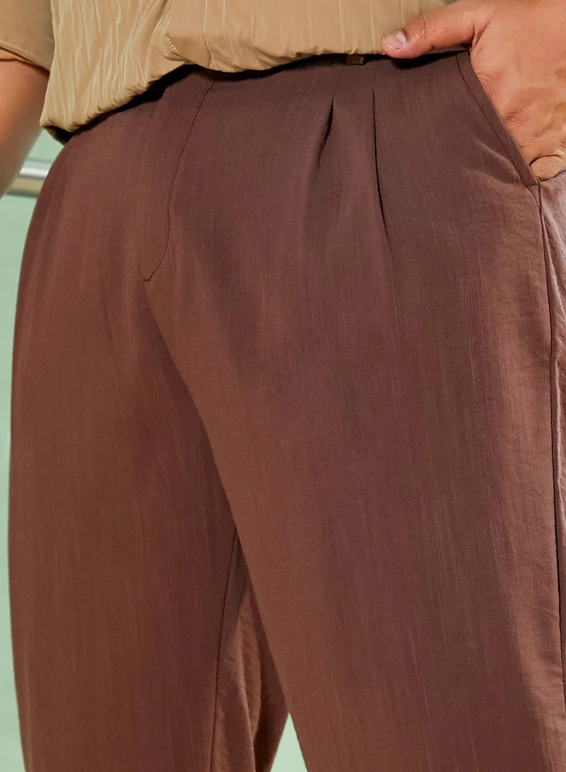 Instafab Plus Instafab Plus Men's Mocha Brown Linen-Blend Cigarette Trousers For Casual Wear | Mid-Rise | Regular Fit | Button Closure | Plus Size Trousers Crafted With Comfort Fit For Everyday Wear