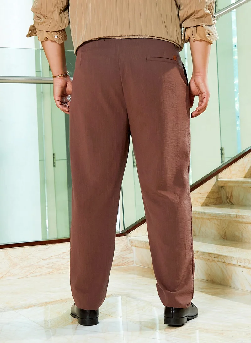 Instafab Plus Instafab Plus Men's Mocha Brown Linen-Blend Cigarette Trousers For Casual Wear | Mid-Rise | Regular Fit | Button Closure | Plus Size Trousers Crafted With Comfort Fit For Everyday Wear