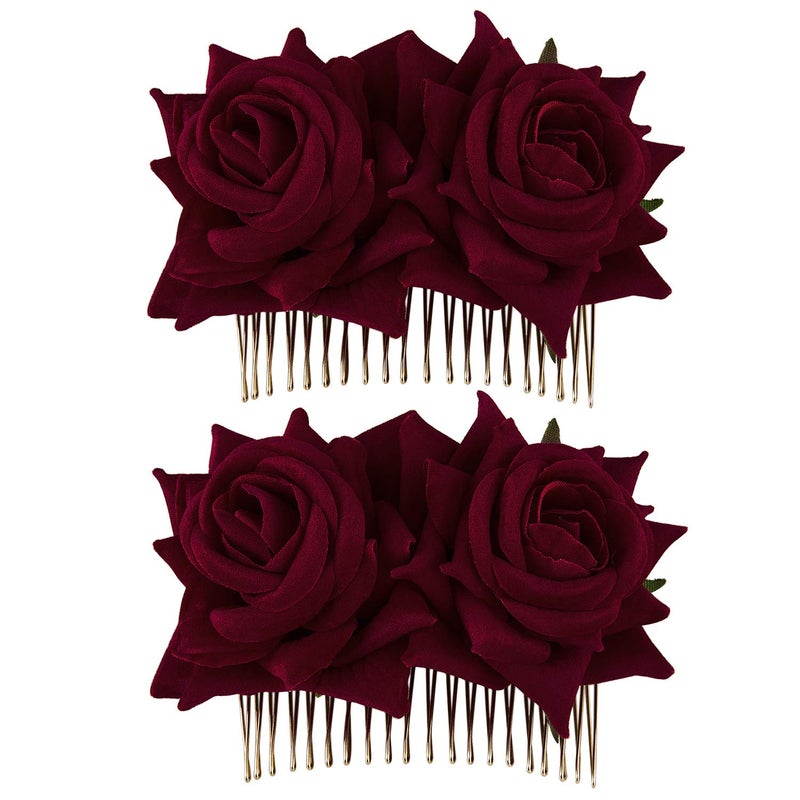 CROWN GUIDE 2Pack Rose Flower Bridal Hair Combs Women Wedding Hair Accessories Pieces For Brides Flamenco Dancer Hairstyles Burgundy