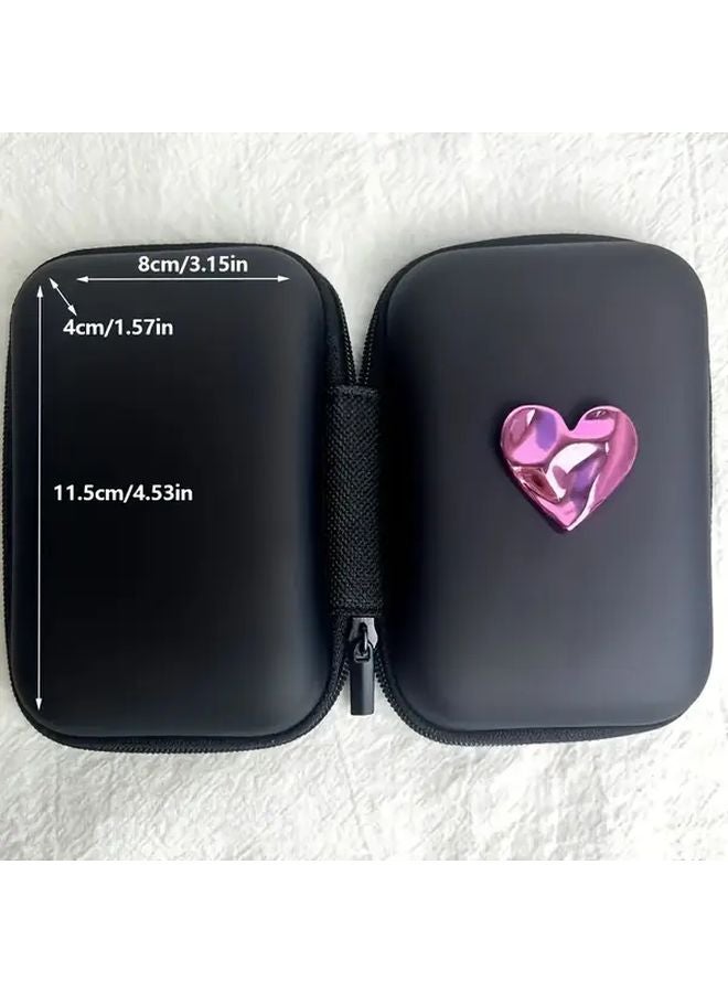 Black Heart Shaped Storage Case For Earphones And Chargers With Zipper - Image 3