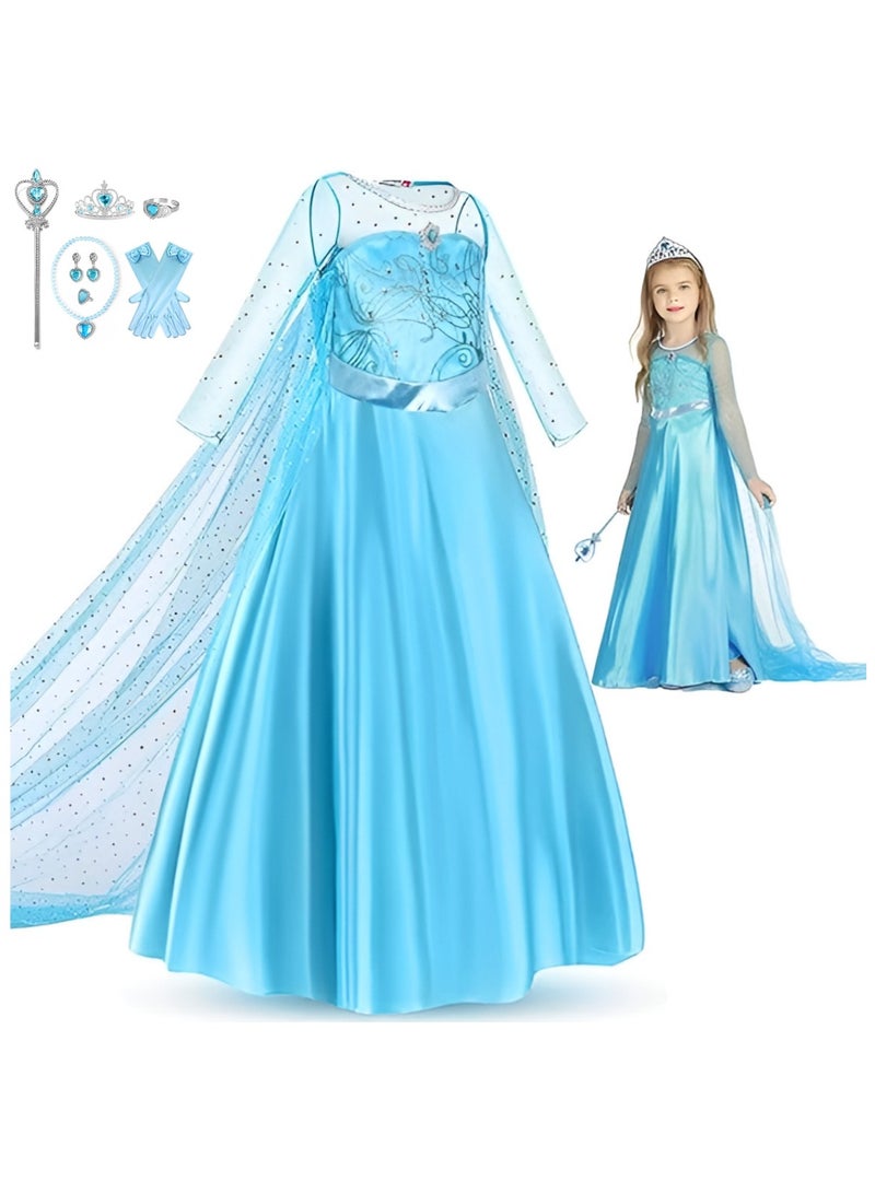 Princess Elsa Dress for Girls, Elsa Cstume for Toddler Birthday Party Dress Up with Accessories Crown + Wand + Necklace + Ring + Earrings + Gloves  - Image 1
