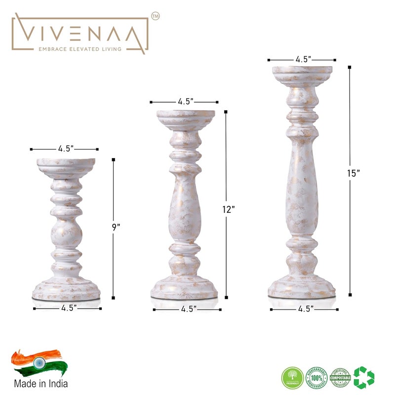 VIVENAA Wooden Candle Holder Stand with 3 Free Candles for Home Table Decoration Best Handmade Gift for Christmas Diwali Ramzan Living Dining Pooja Bedroom Kitchen White Gold 15 12 9 - Image 3