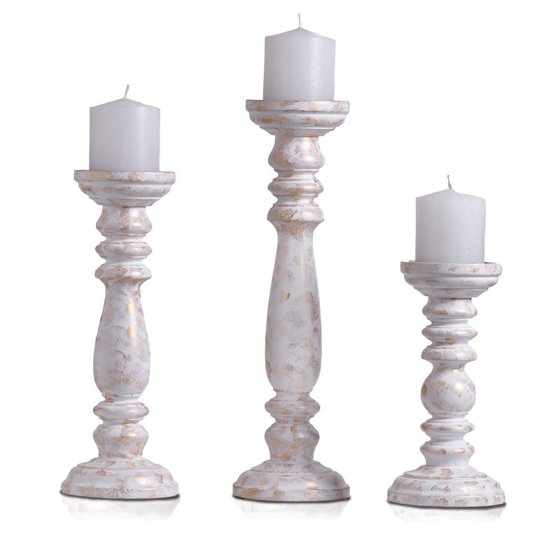 VIVENAA Wooden Candle Holder Stand with 3 Free Candles for Home Table Decoration Best Handmade Gift for Christmas Diwali Ramzan Living Dining Pooja Bedroom Kitchen White Gold 15 12 9 - Image 1