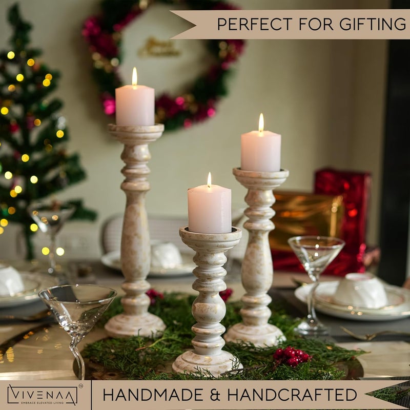 VIVENAA Wooden Candle Holder Stand with 3 Free Candles for Home Table Decoration Best Handmade Gift for Christmas Diwali Ramzan Living Dining Pooja Bedroom Kitchen White Gold 15 12 9 - Image 2
