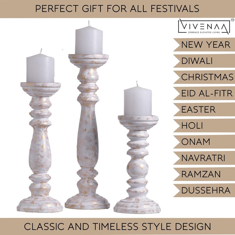 VIVENAA Wooden Candle Holder Stand with 3 Free Candles for Home Table Decoration Best Handmade Gift for Christmas Diwali Ramzan Living Dining Pooja Bedroom Kitchen White Gold 15 12 9 - Image 5