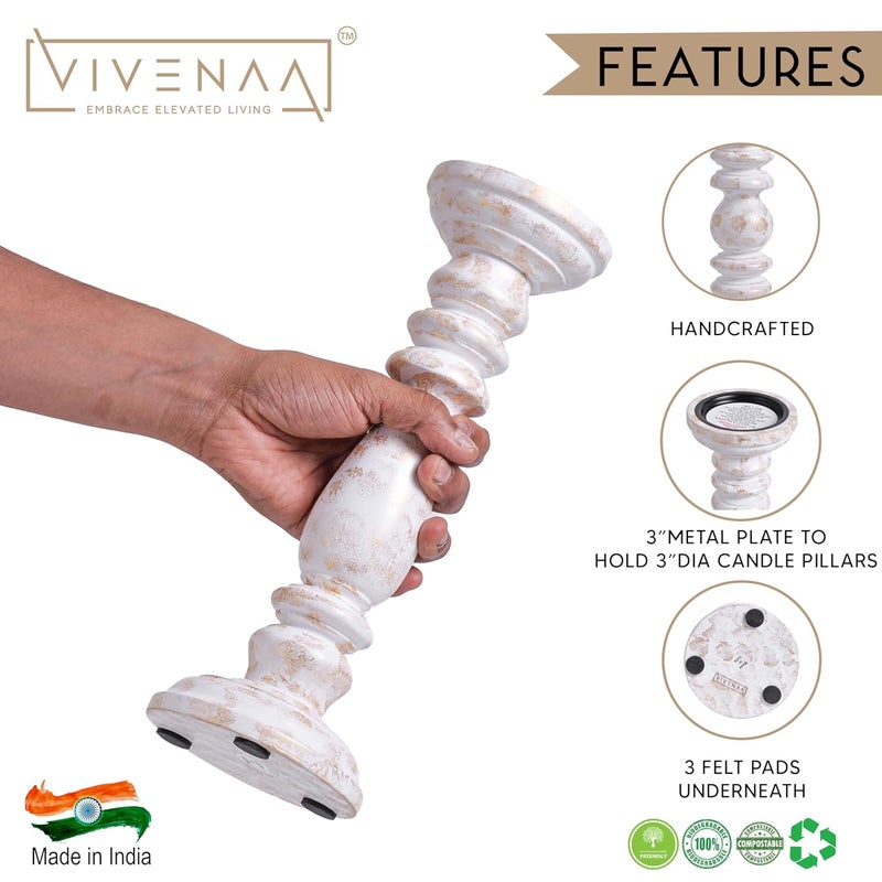VIVENAA Wooden Candle Holder Stand with 3 Free Candles for Home Table Decoration Best Handmade Gift for Christmas Diwali Ramzan Living Dining Pooja Bedroom Kitchen White Gold 15 12 9 - Image 4