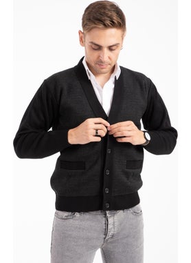 Mutlu City Men's Middle Age and Above Knitwear Knit Acrylic Winter Dad Cardigan 2062-Black-Buttoned  - Image 1