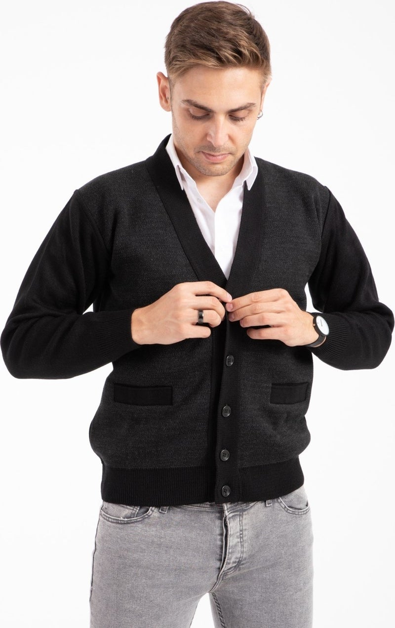 Mutlu City Men's Middle Age and Above Knitwear Knit Acrylic Winter Dad Cardigan 2062-Black-Buttoned  - Image 1