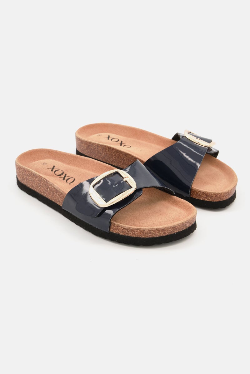 XOXO Women Slip On Open Toe Cork Sandals, Navy - Image 1