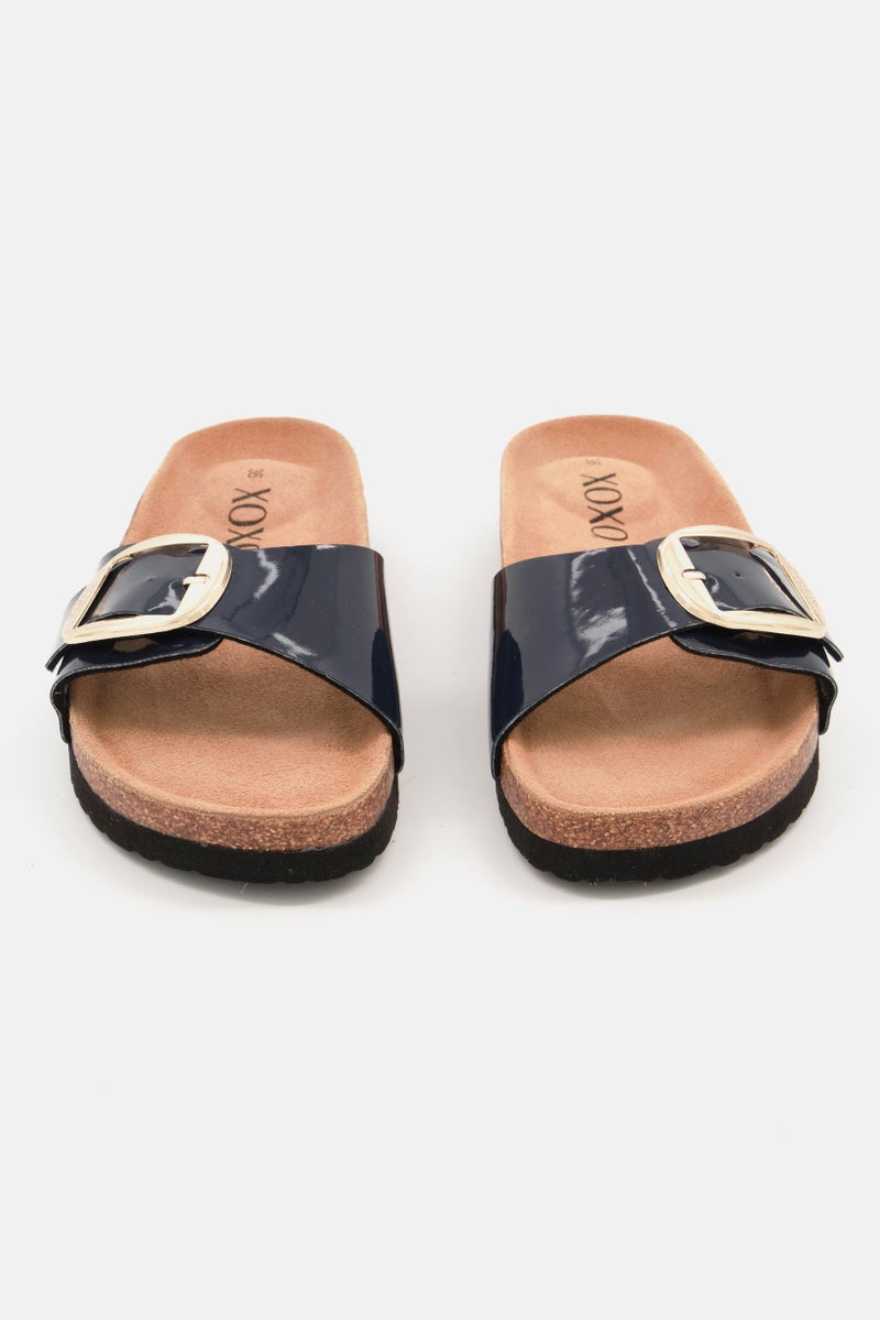 XOXO Women Slip On Open Toe Cork Sandals, Navy - Image 4