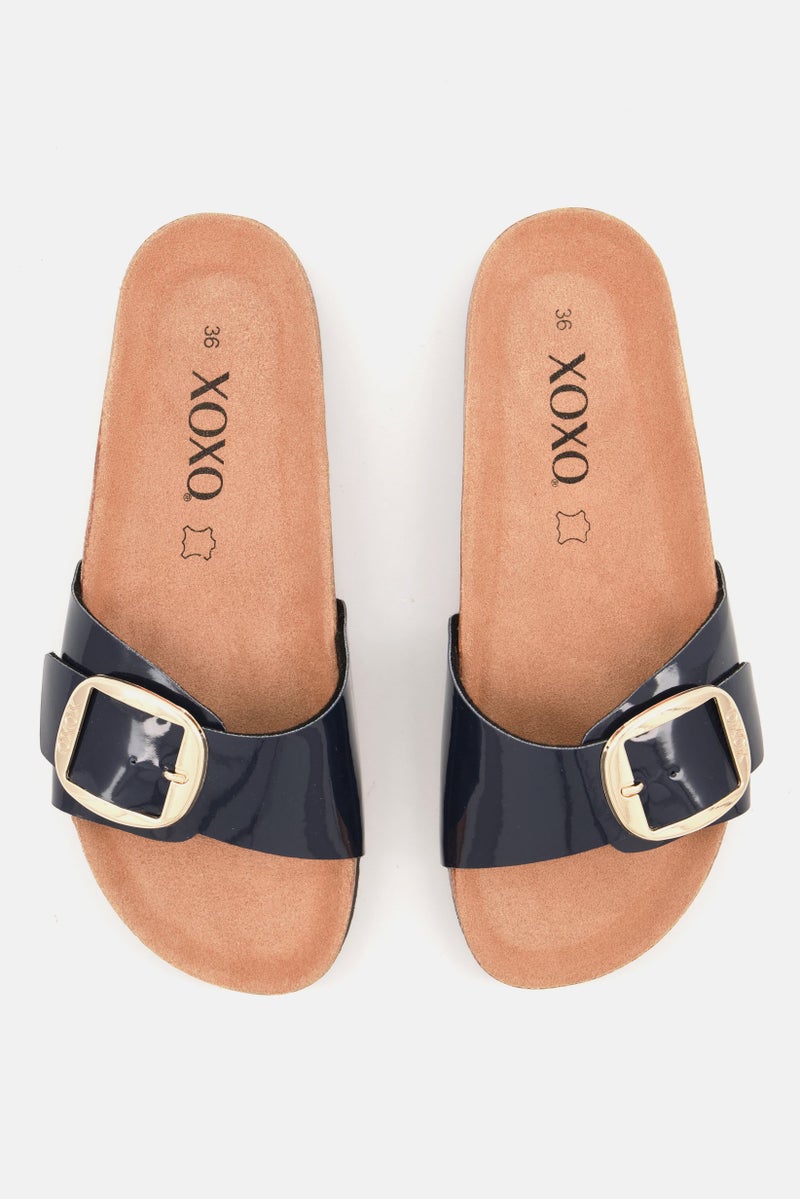 XOXO Women Slip On Open Toe Cork Sandals, Navy - Image 2