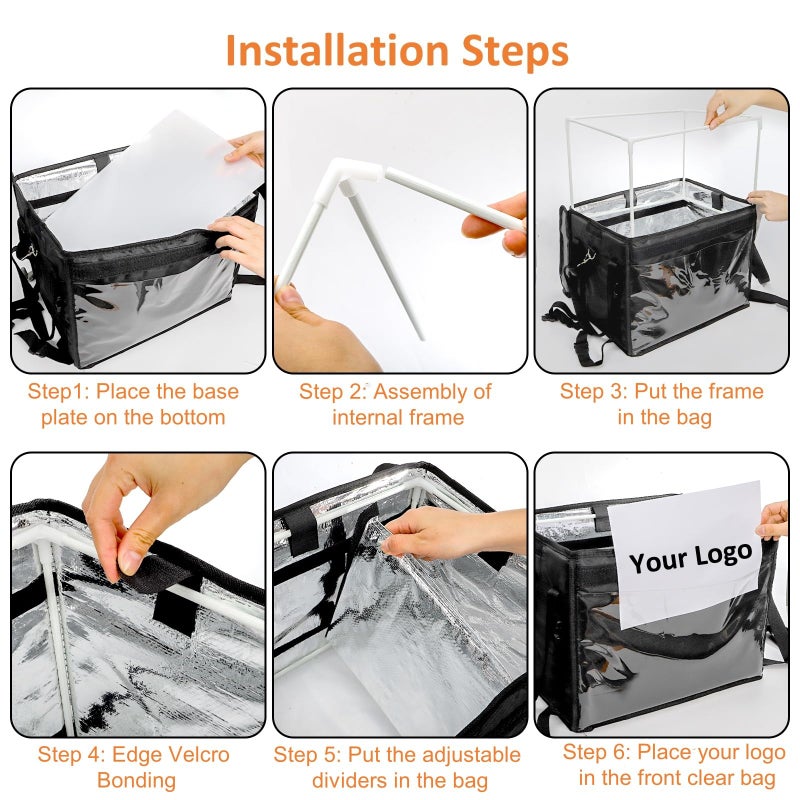 DEAYOU Insulated Food Delivery Bag for Bike, Pizza Delivery Bag with Divider and Rear Rack, Waterproof Thermal Catering Bag for Scooter, Motorcycle, 17.3"x12.6"x13.4", 48L Fit 12'' Pizza Box, Foldable - Image 4