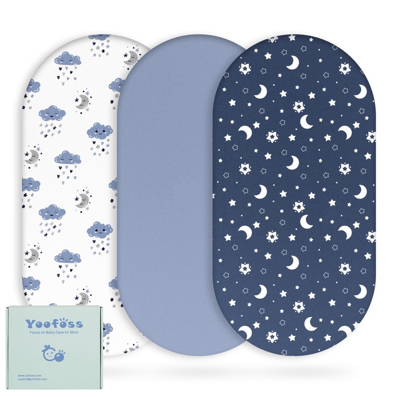 Yoofoss Bassinet Sheets for Baby,3-Pack Fitted Bassinet Sheets Set Compatible with Halo Bassinest Swivel Sleeper,Baby Delight,Angelbliss,Soft Breathable Bassinet Mattress Sheets(Blue+Cloud) - Image 1