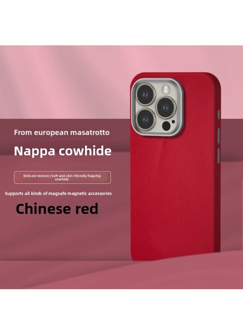 All-inclusive Fine Leather Case MagSafe Magnetic Application IPhone14pro Max Apple 15 Phone Case 13 Solid Color-Color:XYM Fine Skin Pattern Chinese Red-Applicable Model:13pro (without Packaging)