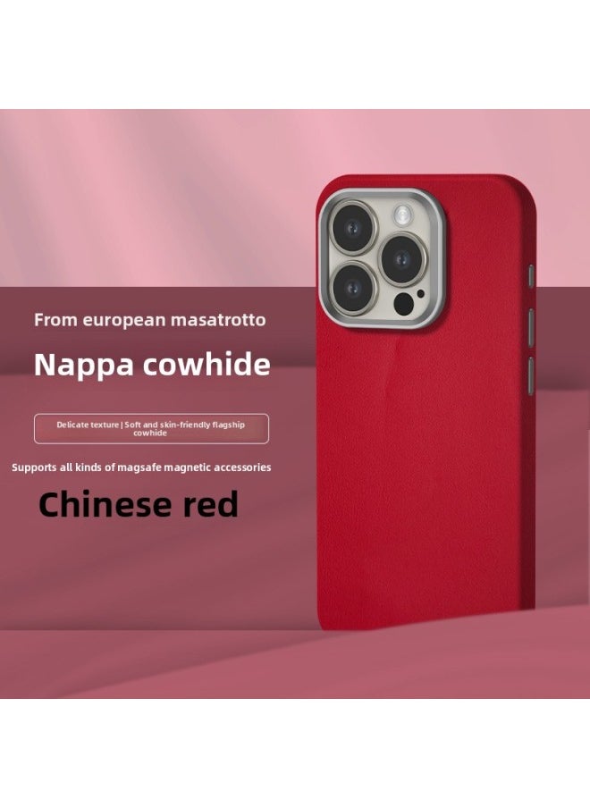 Generic - All-inclusive Fine Leather Case MagSafe Magnetic Application IPhone14pro Max Apple 15 Phone Case 13 Solid Color-Color:XYM Fine Skin Pattern Chinese Red-Applicable Model:13pro (without Packaging) - Image 1