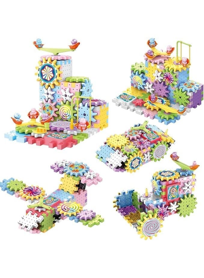 لعبة مكعبات بناء تروس للأولاد والبنات بعمر 3 4 5 6 سنوات فما فوق، ألعاب مكعبات بلاستيك للتركيب بنفسك، مكعبات تعليمية ممتعة، متشابكة، عبوة من 83 قطعة - Image 1