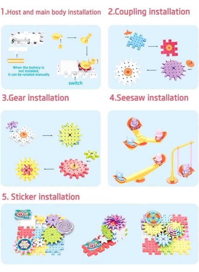 لعبة مكعبات بناء تروس للأولاد والبنات بعمر 3 4 5 6 سنوات فما فوق، ألعاب مكعبات بلاستيك للتركيب بنفسك، مكعبات تعليمية ممتعة، متشابكة، عبوة من 83 قطعة - Image 4