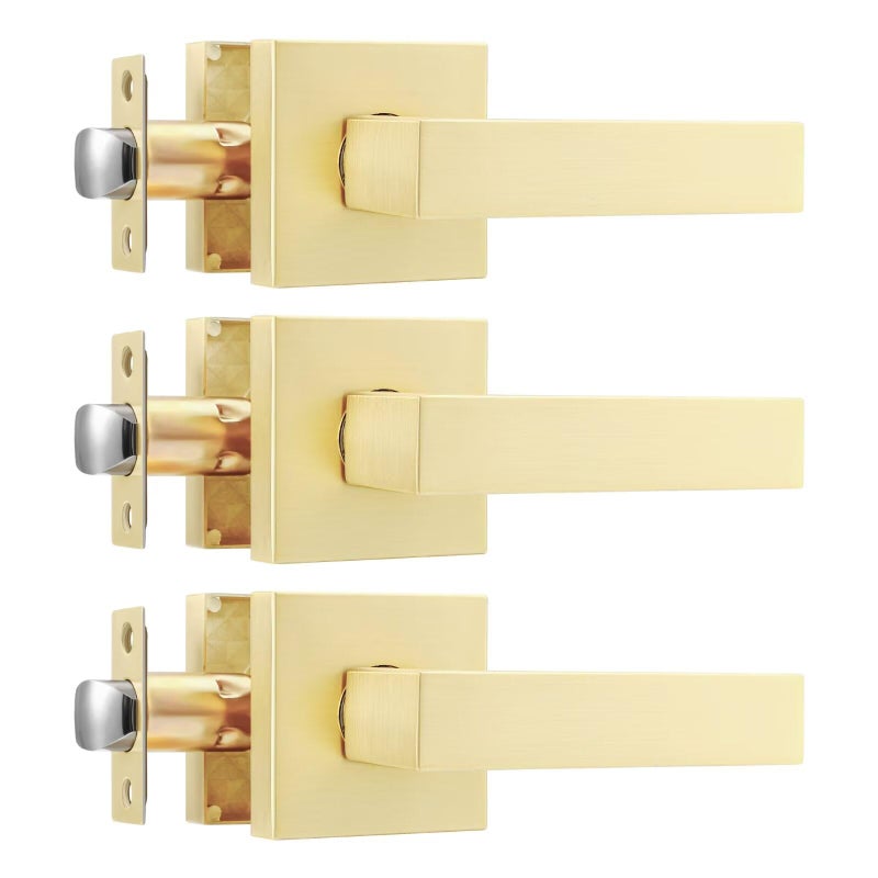 Leydebong 3 Pack Gold Passage Door Lever Square Lever NonLocking Lever Set Interior Satin Brass Door Knobs with No Key Reversible for Right Left Side Door Use