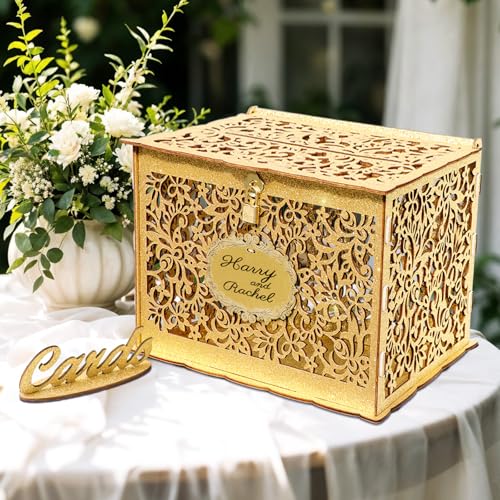 OurWarm Glittery Gold Wedding Card Box with Lock, Wood Gift Card Box for Wedding Reception, Envelope Box for Party Graduation Birthday Baby Shower Decorations - Image 1