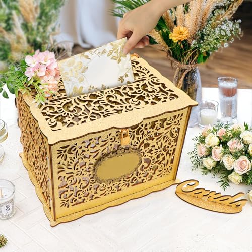 OurWarm Glittery Gold Wedding Card Box with Lock, Wood Gift Card Box for Wedding Reception, Envelope Box for Party Graduation Birthday Baby Shower Decorations - Image 5