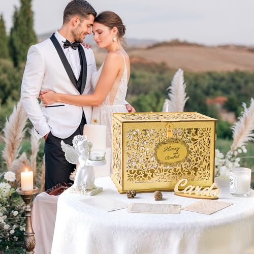 OurWarm Glittery Gold Wedding Card Box with Lock, Wood Gift Card Box for Wedding Reception, Envelope Box for Party Graduation Birthday Baby Shower Decorations - Image 4