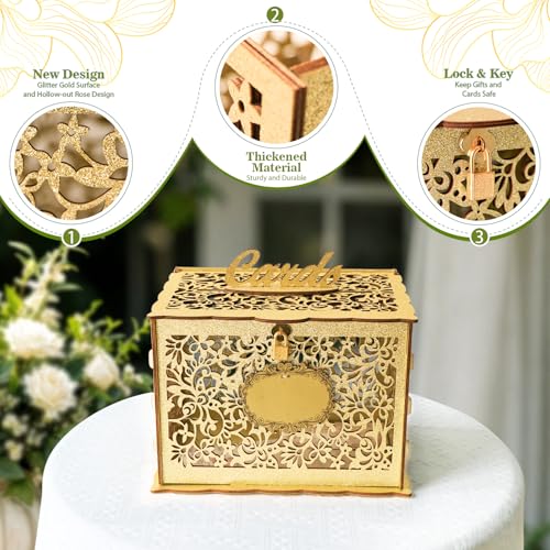 OurWarm Glittery Gold Wedding Card Box with Lock, Wood Gift Card Box for Wedding Reception, Envelope Box for Party Graduation Birthday Baby Shower Decorations - Image 3