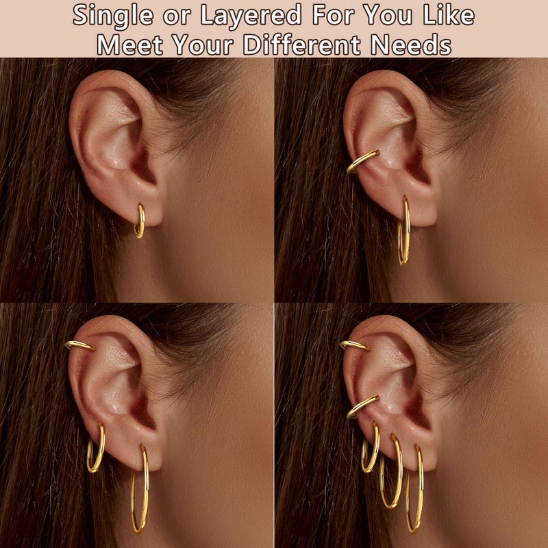 FUNRUN JEWELRY 5 Pairs 925 Sterling Silver Hoop Earrings for Women-Small 14K Gold Hoop Earrings,Hypoallergenic Gold Earring for Women-Medium Big Hoops Stack Earring 10/14/20/30/40mm - Image 5