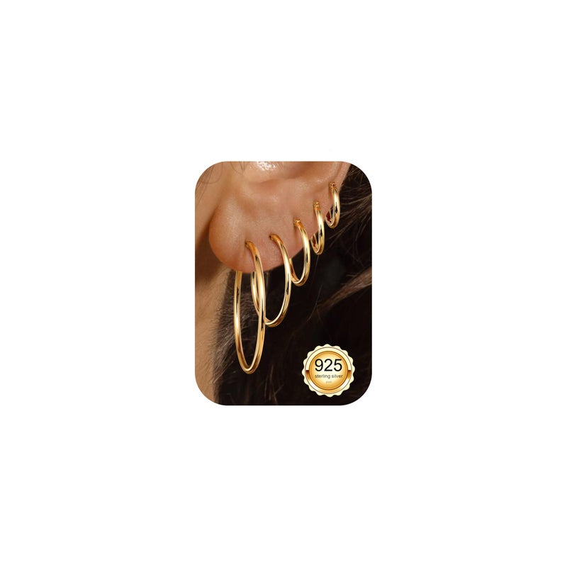 FUNRUN JEWELRY 5 Pairs 925 Sterling Silver Hoop Earrings for Women-Small 14K Gold Hoop Earrings,Hypoallergenic Gold Earring for Women-Medium Big Hoops Stack Earring 10/14/20/30/40mm - Image 1