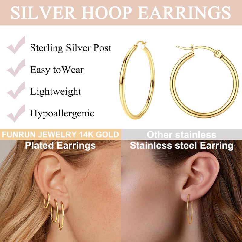 FUNRUN JEWELRY 5 Pairs 925 Sterling Silver Hoop Earrings for Women-Small 14K Gold Hoop Earrings,Hypoallergenic Gold Earring for Women-Medium Big Hoops Stack Earring 10/14/20/30/40mm - Image 4