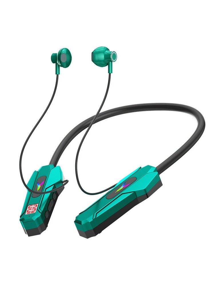Neck-mounted digital display e-sports wireless Bluetooth headset with plug-in card, trendy color-changing light music hanging neck headset (green) - Image 1