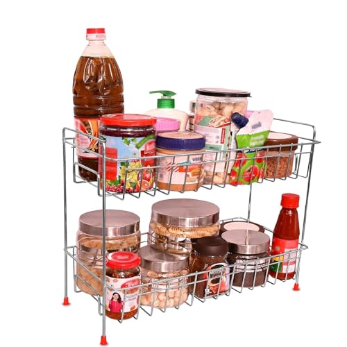 12FOR COLLECTION Standing -Heavy Stainless Steel 2 Tier Kitchen Rack|Spice Boxes Rack|Kitchen Organizer|Kitchen Stand |Cosmetic Organizer |Counter Top Basket |Floor Mounted Shelf for Home - Image 1