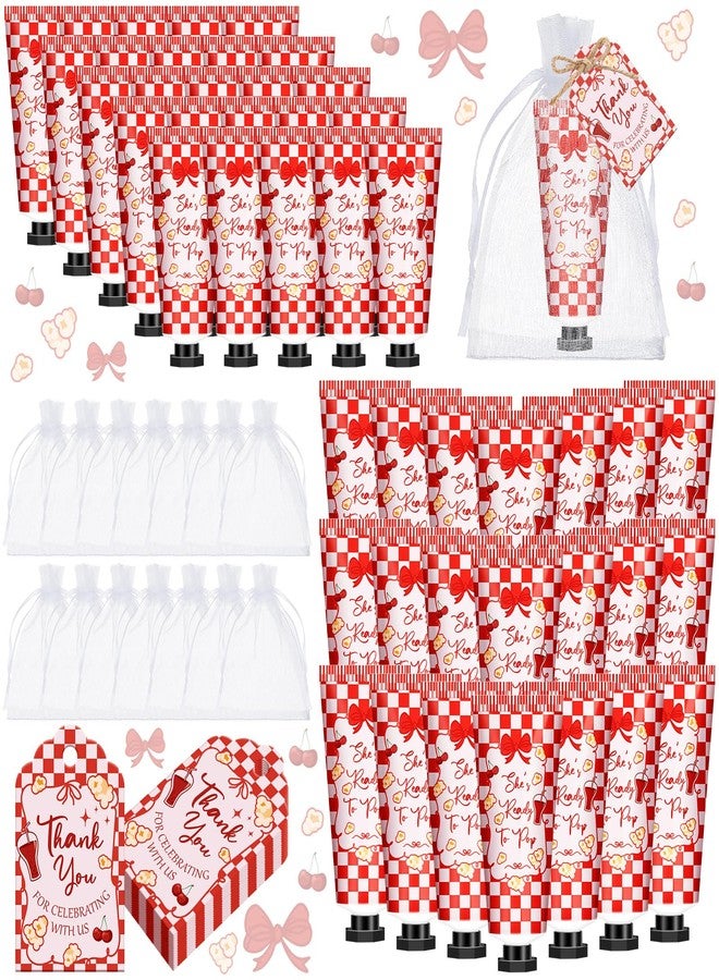 Dimsile 60 Sets She's Ready to Pop Baby Shower Hand Cream Gifts Bulk Coquette Cherry Soda Hand Lotions with Thank You Tags Organza Bag Pink Red Checkered Baby Shower Party Favors for Guests Bridal Wedding - Image 1