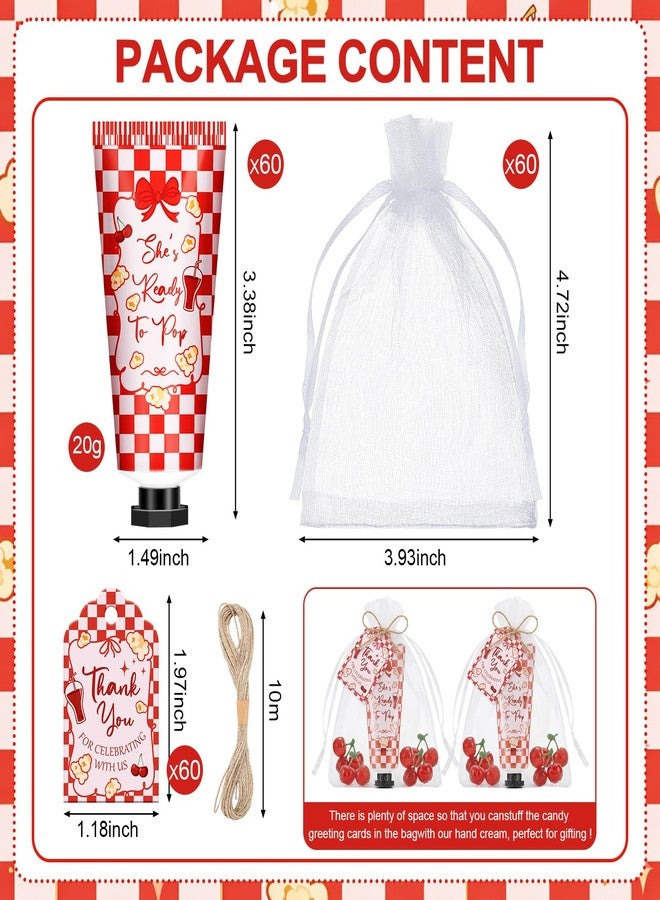 Dimsile 60 Sets She's Ready to Pop Baby Shower Hand Cream Gifts Bulk Coquette Cherry Soda Hand Lotions with Thank You Tags Organza Bag Pink Red Checkered Baby Shower Party Favors for Guests Bridal Wedding - Image 2