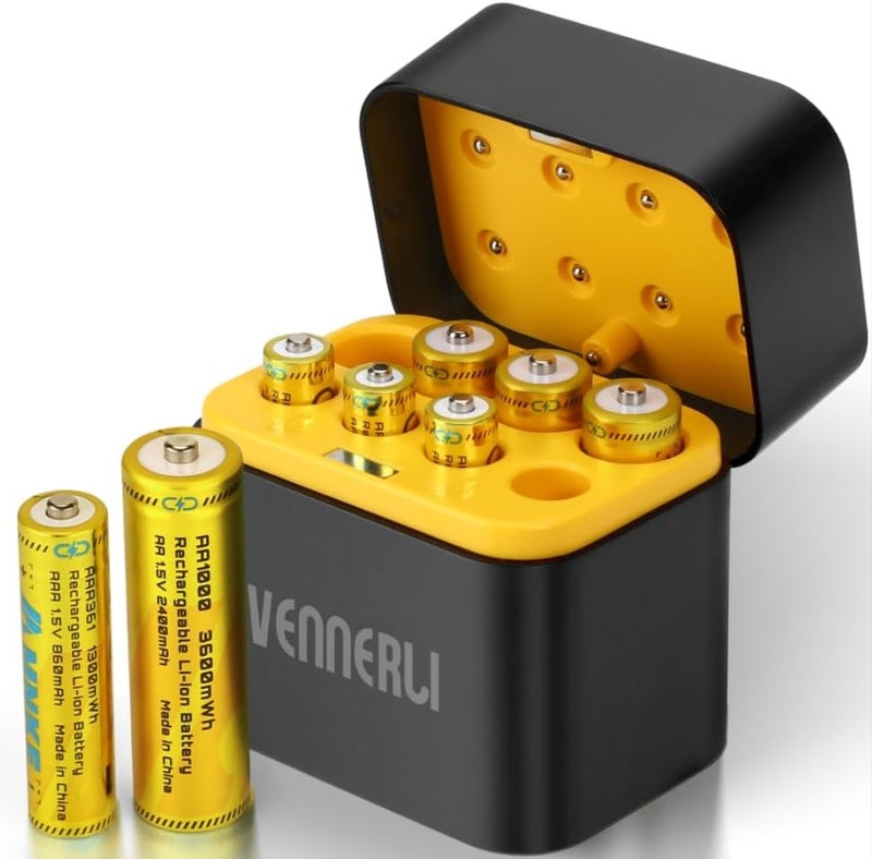 4PCS AA/AAA Rechargeable Lithium Batteries 1.5V Total 8PCS Batteries with Charger High-Capacity 1000+ Cycles of Use Ultra-Long Lasting Time 3h Fast Charge with LED Indicator AA 3600mWh/AAA 1300mWh - Image 1