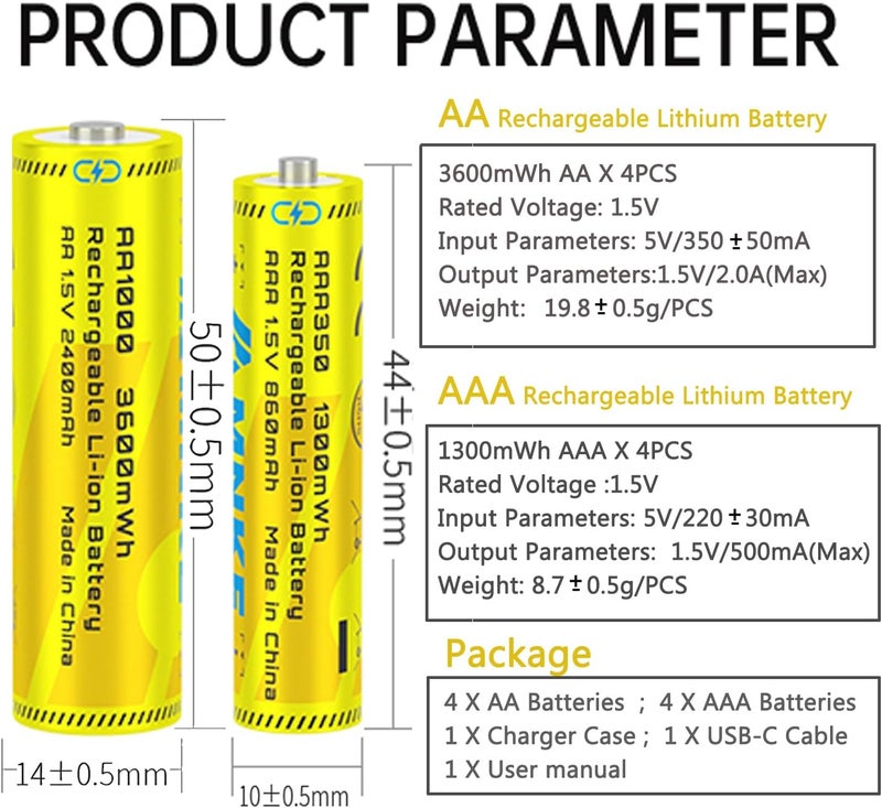 4PCS AA/AAA Rechargeable Lithium Batteries 1.5V Total 8PCS Batteries with Charger High-Capacity 1000+ Cycles of Use Ultra-Long Lasting Time 3h Fast Charge with LED Indicator AA 3600mWh/AAA 1300mWh - Image 3