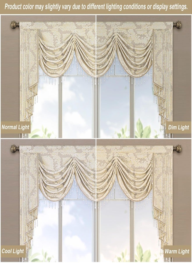 Loom and Mill Luxury Jacquard Waterfall Valance for Living Room, Elegant Damask Swag Window Valances with Beads, Beige Swag Curtains for Bedroom Banquet Holiday Decoration(W79Inch,1 Panel) - Image 2