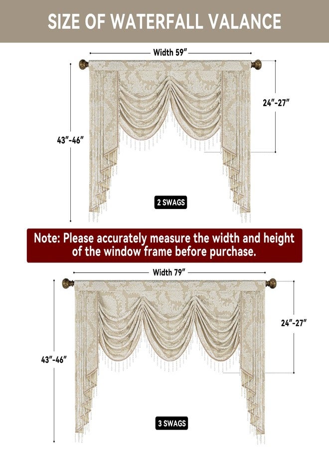 Loom and Mill Luxury Jacquard Waterfall Valance for Living Room, Elegant Damask Swag Window Valances with Beads, Beige Swag Curtains for Bedroom Banquet Holiday Decoration(W79Inch,1 Panel) - Image 3