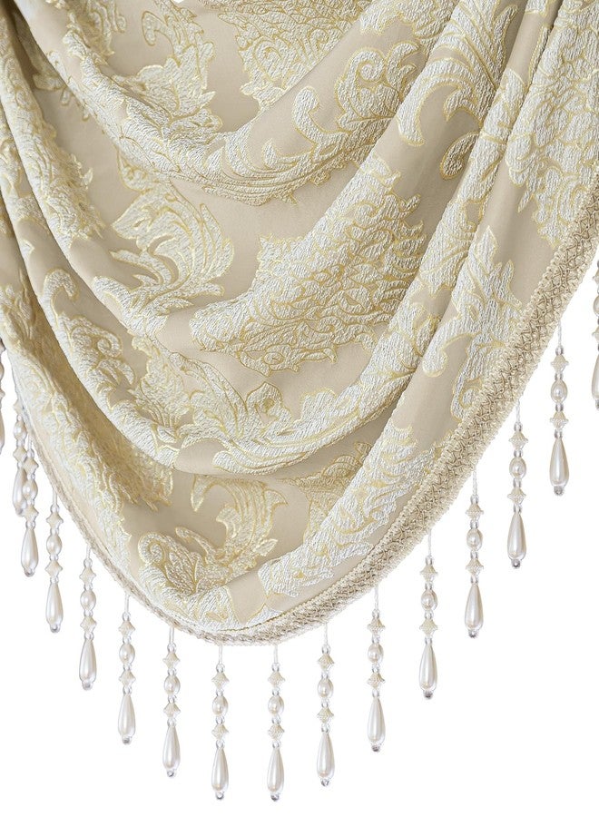 Loom and Mill Luxury Jacquard Waterfall Valance for Living Room, Elegant Damask Swag Window Valances with Beads, Beige Swag Curtains for Bedroom Banquet Holiday Decoration(W79Inch,1 Panel) - Image 4
