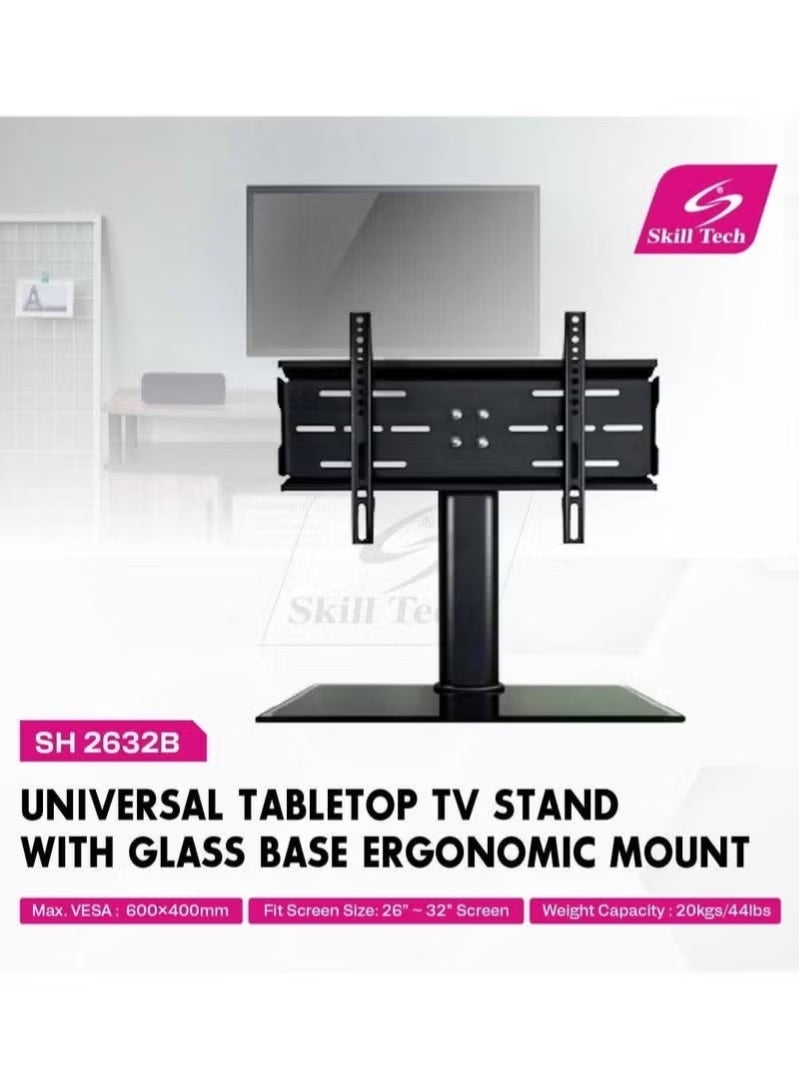 Skill Tech "Universal Tabletop TV Stand with Tempered Glass Base – Sleek and Sturdy Design for 26 to 32 Inch TVs – Easy and Convenient Installation with Adjustable Mounting and Cable Management – Black Finish" - Image 2