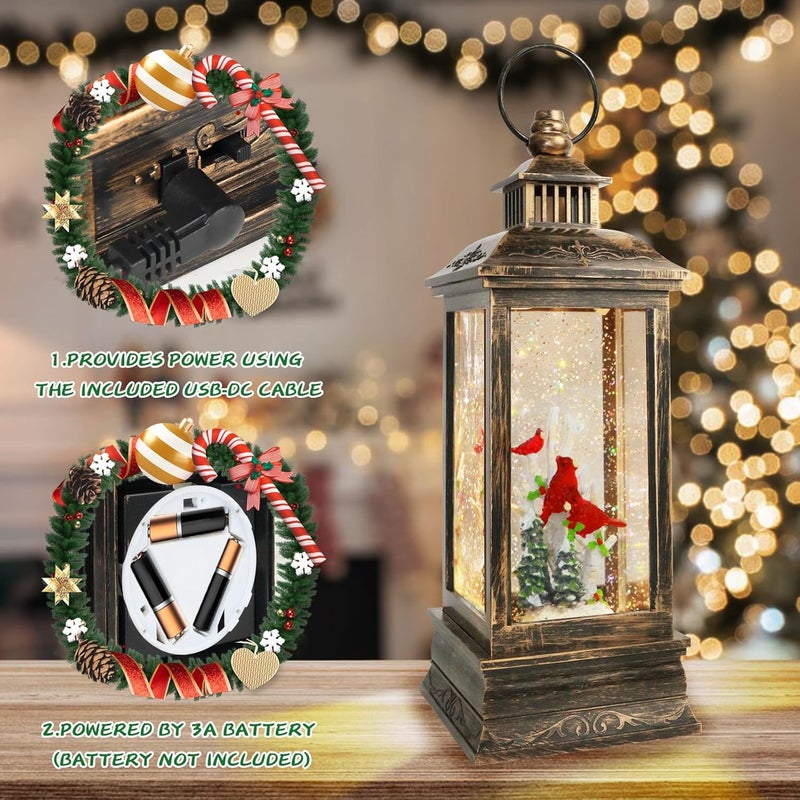 Aixuler Christmas Cardinal Snow Globe 12.5In High, Musical Cardinal Lantern with 6 Hour Timer and Batteries Powered Retro Style Holiday Glitter Globe for Xmas Indoor Decoration and Santa Gifts - Image 3