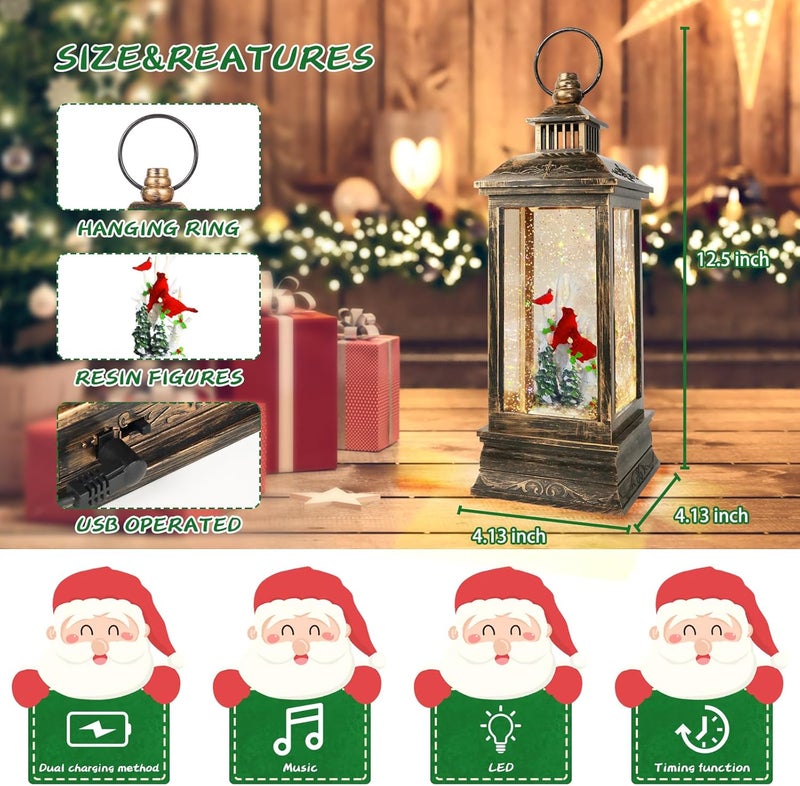 Aixuler Christmas Cardinal Snow Globe 12.5In High, Musical Cardinal Lantern with 6 Hour Timer and Batteries Powered Retro Style Holiday Glitter Globe for Xmas Indoor Decoration and Santa Gifts - Image 2