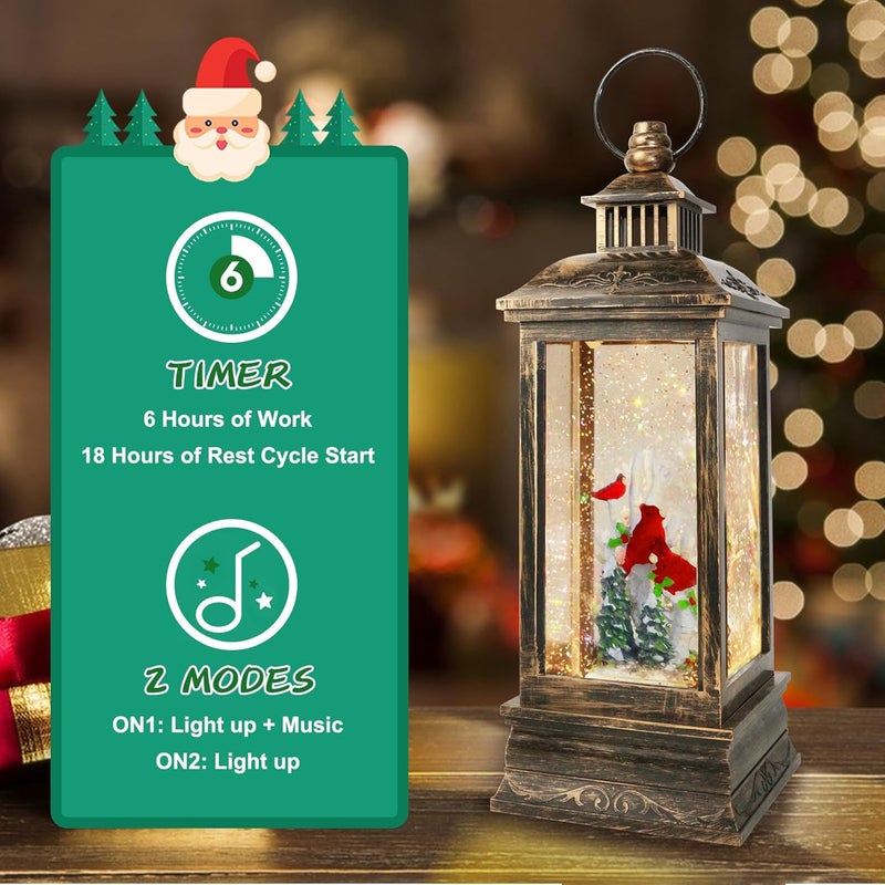 Aixuler Christmas Cardinal Snow Globe 12.5In High, Musical Cardinal Lantern with 6 Hour Timer and Batteries Powered Retro Style Holiday Glitter Globe for Xmas Indoor Decoration and Santa Gifts - Image 4