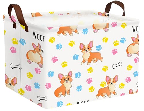 BOOHIT Medium Dog Toy Storage Basket Collapsible Pet Bin Box with Handles Large Puppy Box Stuff Organizer Living Room DecorColor Paw - Image 1