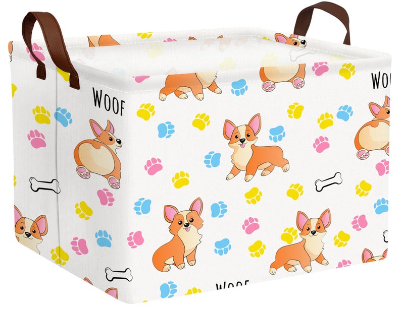 BOOHIT Medium Dog Toy Storage Basket Collapsible Pet Bin Box with Handles Large Puppy Box Stuff Organizer Living Room DecorColor Paw - Image 2