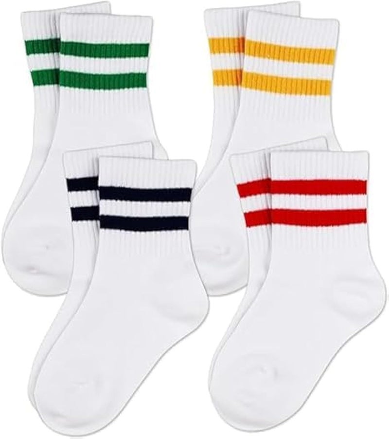 HZYH 4 Pairs Kids Soccer Socks, Striped Cotton Uniform Athletic Socks for Boys and Girls, Comfortable Sports Socks for Ages 6–9, White - Image 1