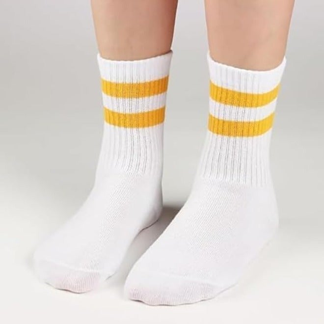 HZYH 4 Pairs Kids Soccer Socks, Striped Cotton Uniform Athletic Socks for Boys and Girls, Comfortable Sports Socks for Ages 6–9, White - Image 2