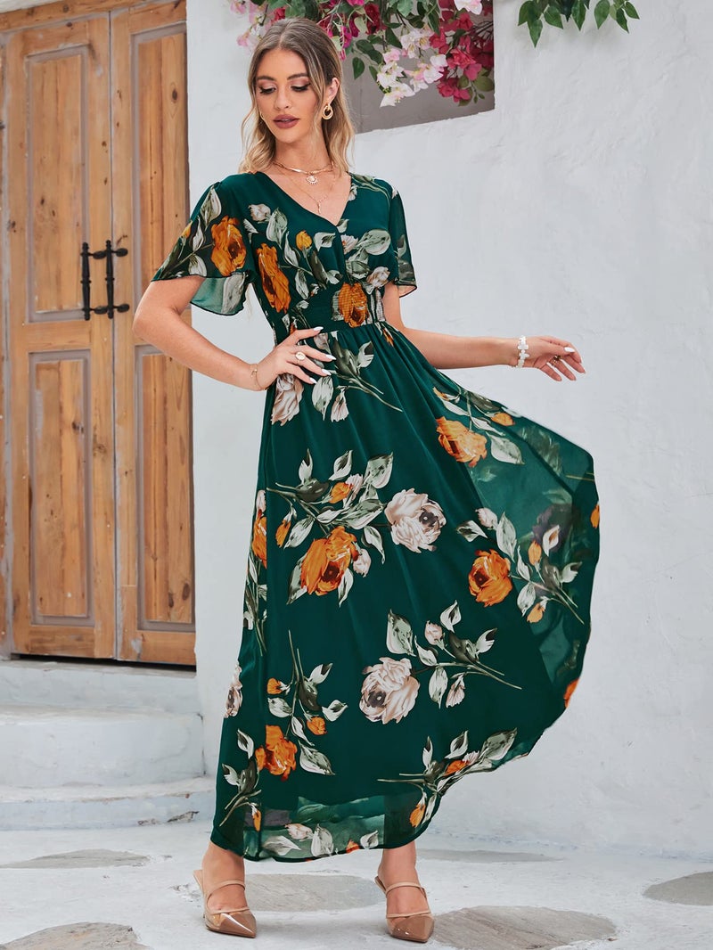 Simplee Apparel Simplee Women Casual Boho Floral Maxi Dress Flowy Long Wedding Guest Dress Holiday Beach V Neck Short Sleeve Maternity Dresses (XL Emerald Green) - Image 3