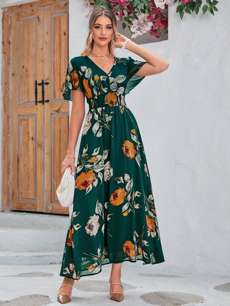 Simplee Apparel Simplee Women Casual Boho Floral Maxi Dress Flowy Long Wedding Guest Dress Holiday Beach V Neck Short Sleeve Maternity Dresses (XL Emerald Green) - Image 5
