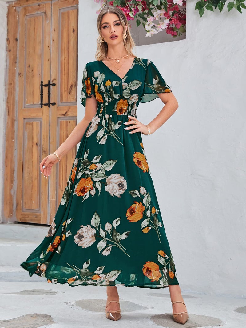 Simplee Apparel Simplee Women Casual Boho Floral Maxi Dress Flowy Long Wedding Guest Dress Holiday Beach V Neck Short Sleeve Maternity Dresses (XL Emerald Green) - Image 2